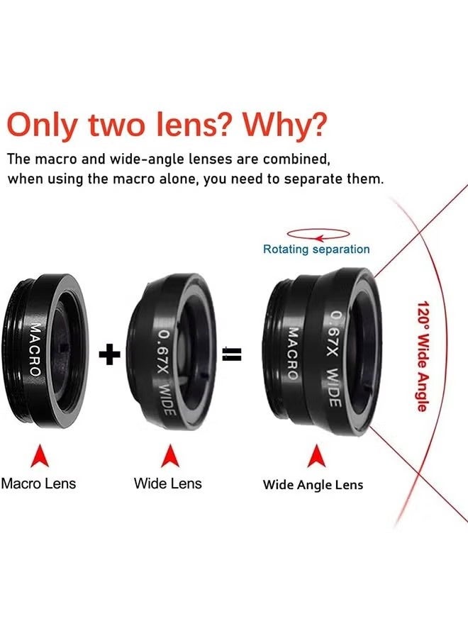 3 in 1 Phone Camera Lens Kit, Wide Angle Macro Fisheye Lens Universal for Smart Phones iPhone Samsung Android (Black) - Image 2