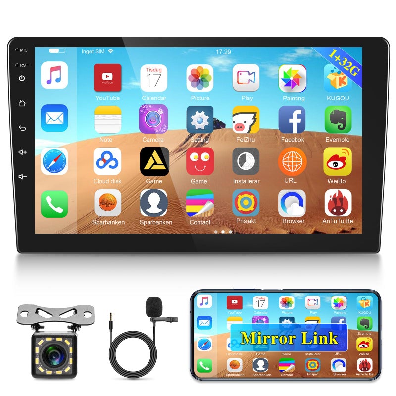 EKAT 10.1 inch Android Double Din Car Stereo, [1G+32G] Touch Screen Android Radio with Wireless&Wired Mirror Link/1080P/EQ/WiFi/SWC/Bluetooth +Backup Camera+MIC - Image 1