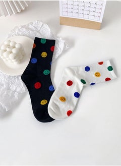 2 Pairs Crew Socks Cute Smiling Face Socks  Casual Soft Cotton Socks Cartoon Smiley Face Ankle Socks  White Black