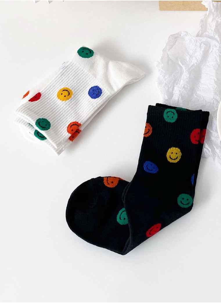Generic - 2 Pairs Crew Socks Cute Smiling Face Socks  Casual Soft Cotton Socks Cartoon Smiley Face Ankle Socks  White Black - Image 1