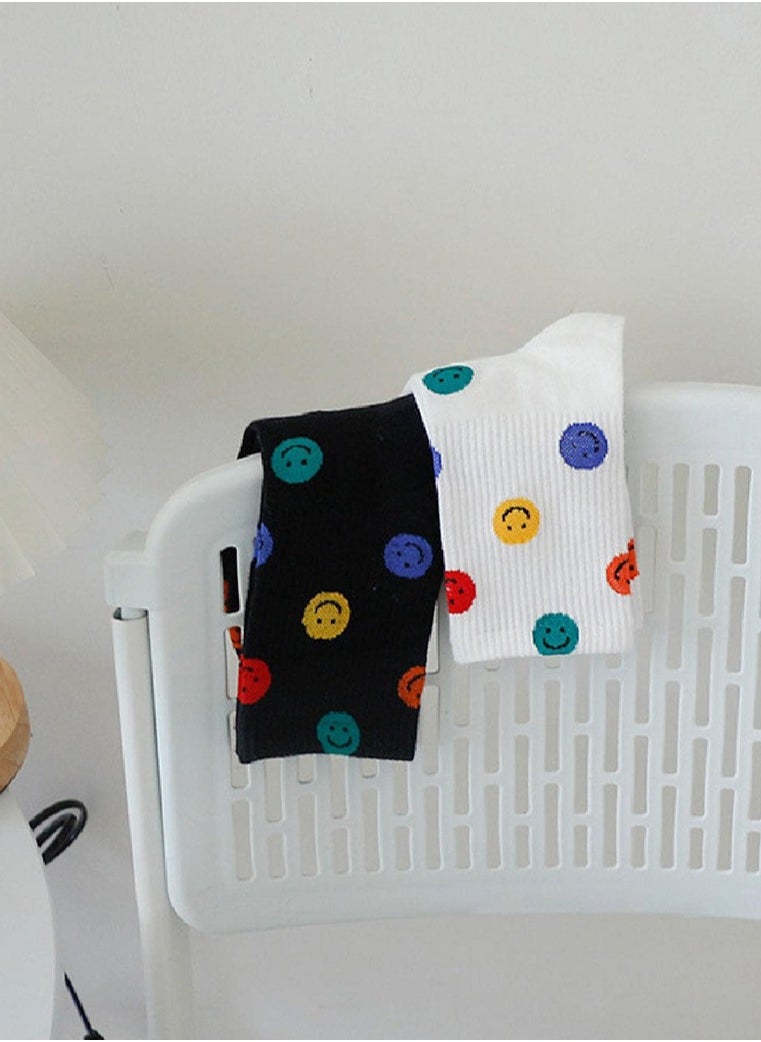 Generic - 2 Pairs Crew Socks Cute Smiling Face Socks  Casual Soft Cotton Socks Cartoon Smiley Face Ankle Socks  White Black - Image 1
