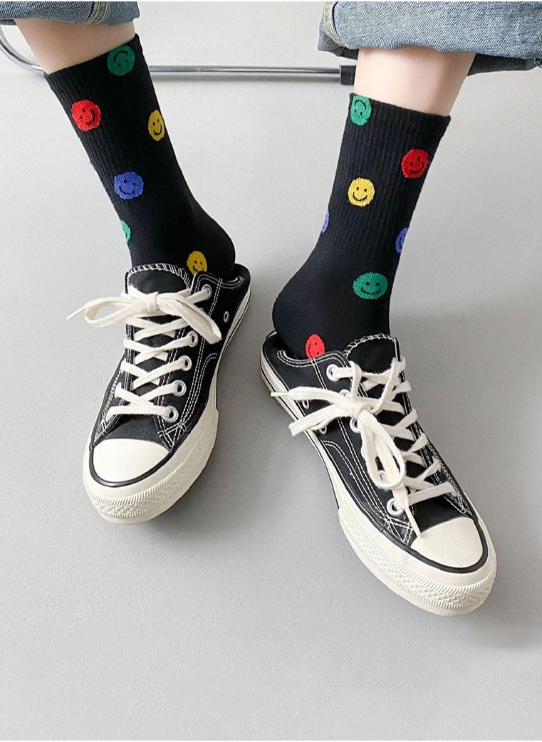 Generic - 2 Pairs Crew Socks Cute Smiling Face Socks  Casual Soft Cotton Socks Cartoon Smiley Face Ankle Socks  White Black - Image 1