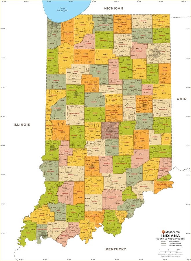 MapSherpa خريطة رموز بريدية لولاية إنديانا مع المقاطعات - قياسية - 36 بوصة × 50.75 بوصة، مغلفة - Image 1