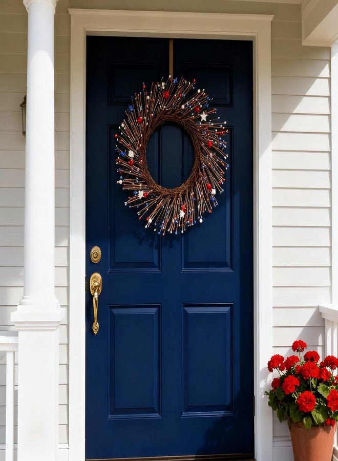 HipTree 20 Inch Patriotic Wreath for Front Door, 4th of July Wreath with Red White Blue Stars & Sprouts for Memorial Day, Independence Day,Veterans Day, Flag Day,Summer Decorations - Image 2