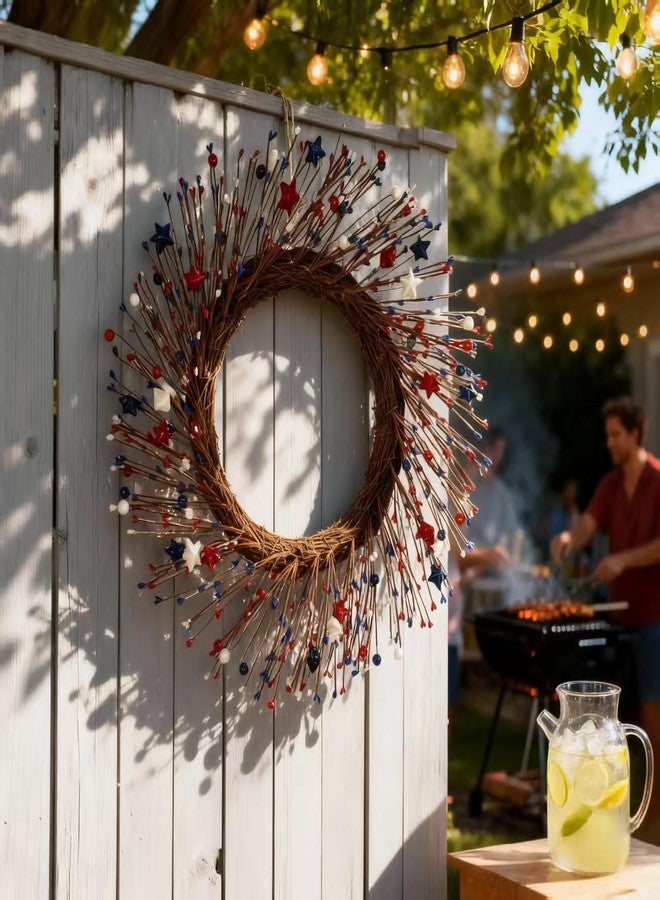 HipTree 20 Inch Patriotic Wreath for Front Door, 4th of July Wreath with Red White Blue Stars & Sprouts for Memorial Day, Independence Day,Veterans Day, Flag Day,Summer Decorations - Image 4