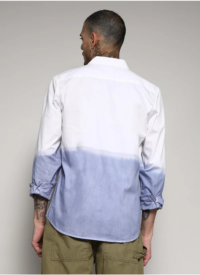 Campus Sutra Men's White & Blue Contrast Ombre Shirt