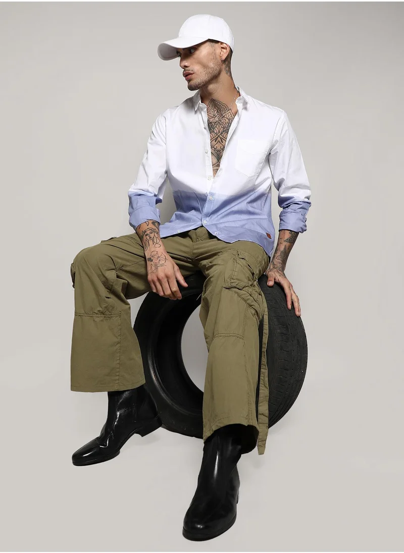 Campus Sutra Men's White & Blue Contrast Ombre Shirt