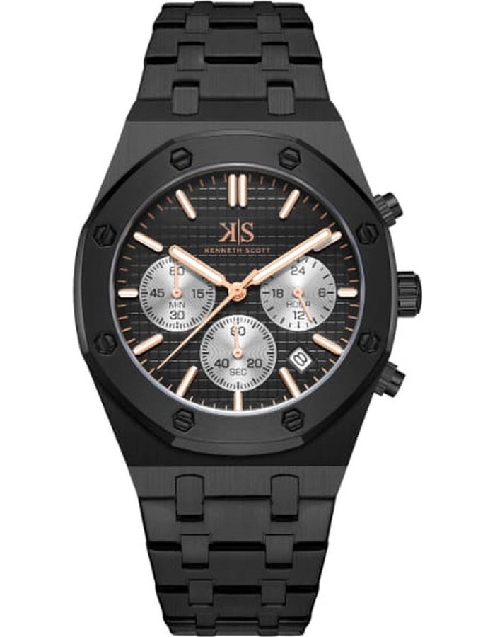 كينيث سكوت ساعة كينيث سكوت رجالية متعددة الوظائف بسوار ستانلس ستيل أسود - Image 1