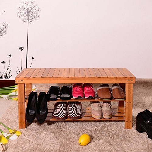Mugath Living Bamboo 3 Tier Shoe Rack Small Bench Outdoor Shoe Rack Weatherproof Shoe Rack with Bench Bathroom Bench Shoe Organizer for Entryway Hallway Living Room - Image 5