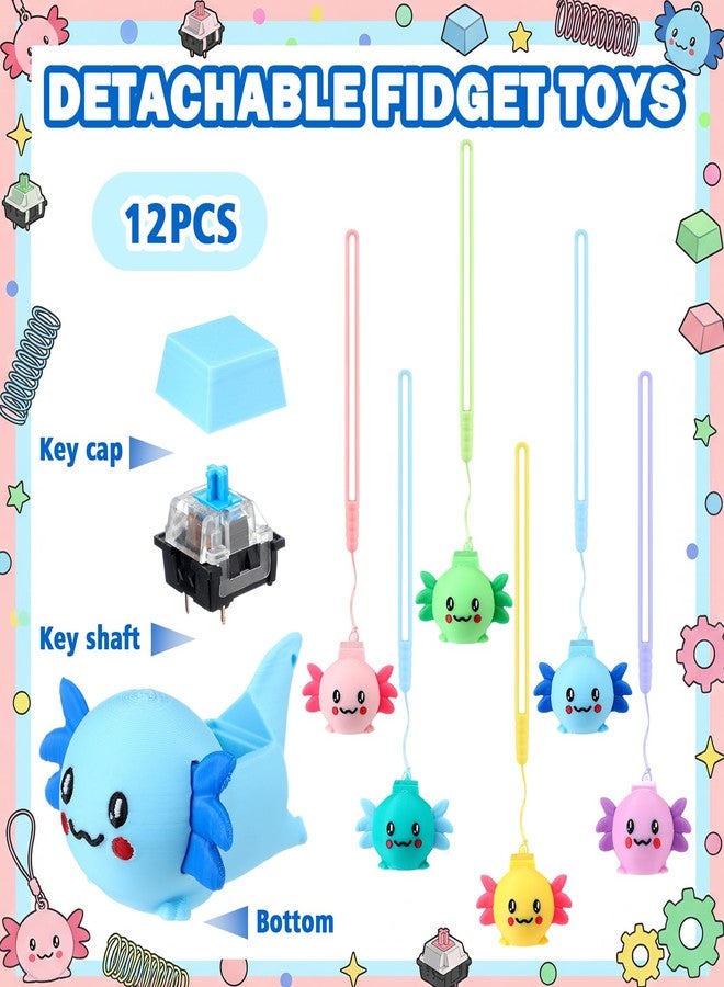 Seenelling 12 Pcs Axolotl Keyboard Fidget Keychain 3D Printed Tactile Stress Reliever with Mechanical Keyboard Cute Axolotl Animal Pocket-Sized Desk Decor Backpack Charm with Hand Wrist Strap Rope - Image 4