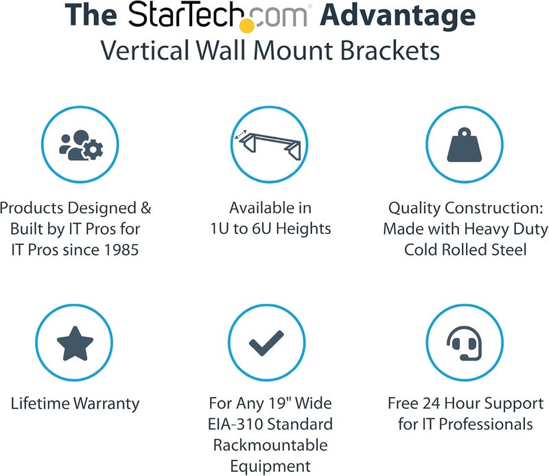StarTech .com 1U Wall Mount Patch Panel Bracket – 19 in – Steel - Vertical Mounting Bracket for Networking and Data Equipment, TAA (RK119WALLV) - Image 2