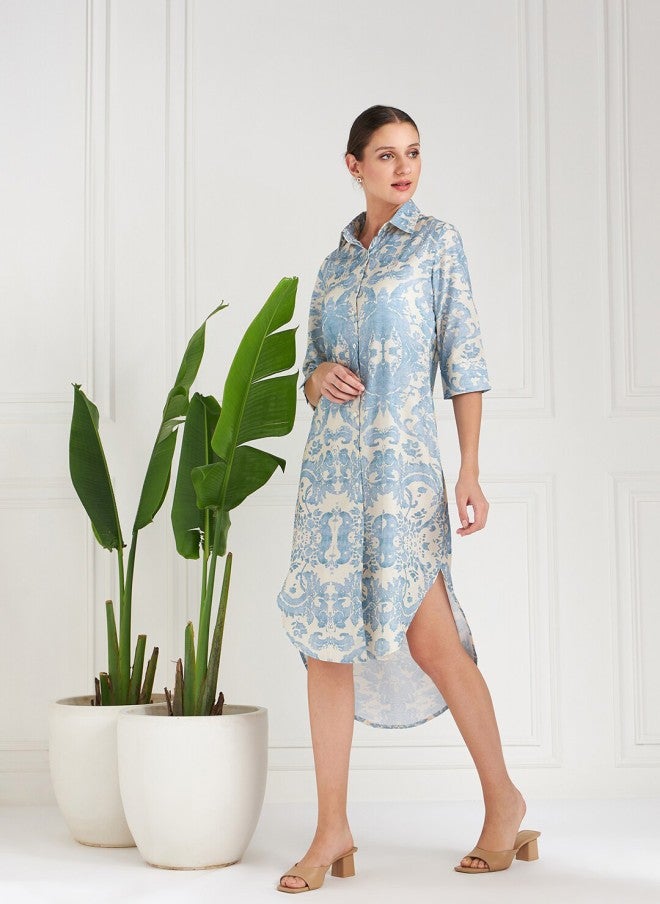 Athena فستان ميدي قطن مزخرف بنقوش عرقية زرقاء للنساء - Image 3