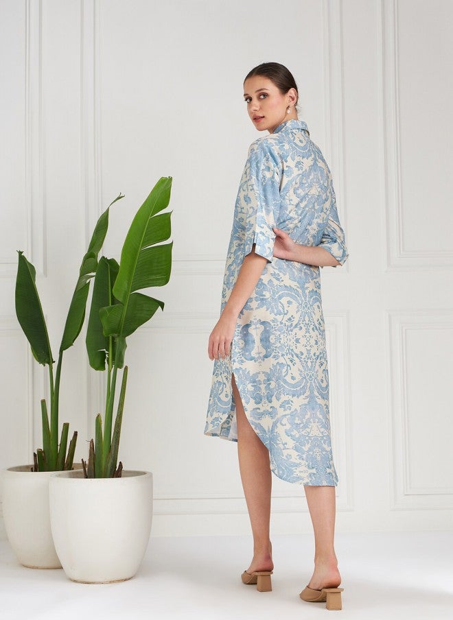Athena فستان ميدي قطن مزخرف بنقوش عرقية زرقاء للنساء - Image 4