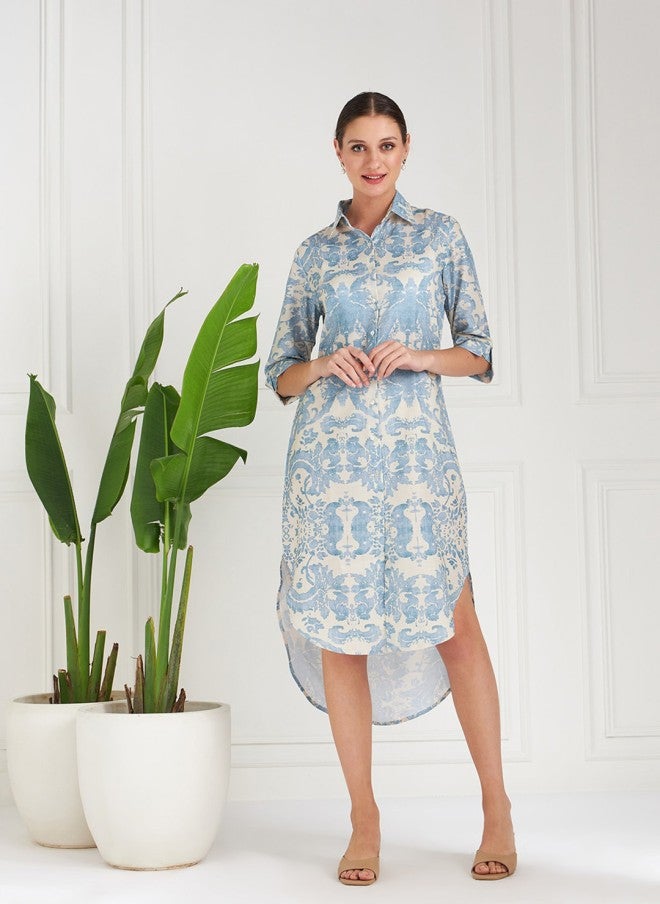 Athena فستان ميدي قطن مزخرف بنقوش عرقية زرقاء للنساء - Image 1