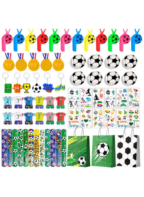 96pcs Soccer Party Favors for 12 Guests, Including Soccer Slap Bracelets Stickers Medals Keychains Bags Whistle Maza Toys etc Soccer Birthday Party Favors for Soccer Party Decorations Supplies