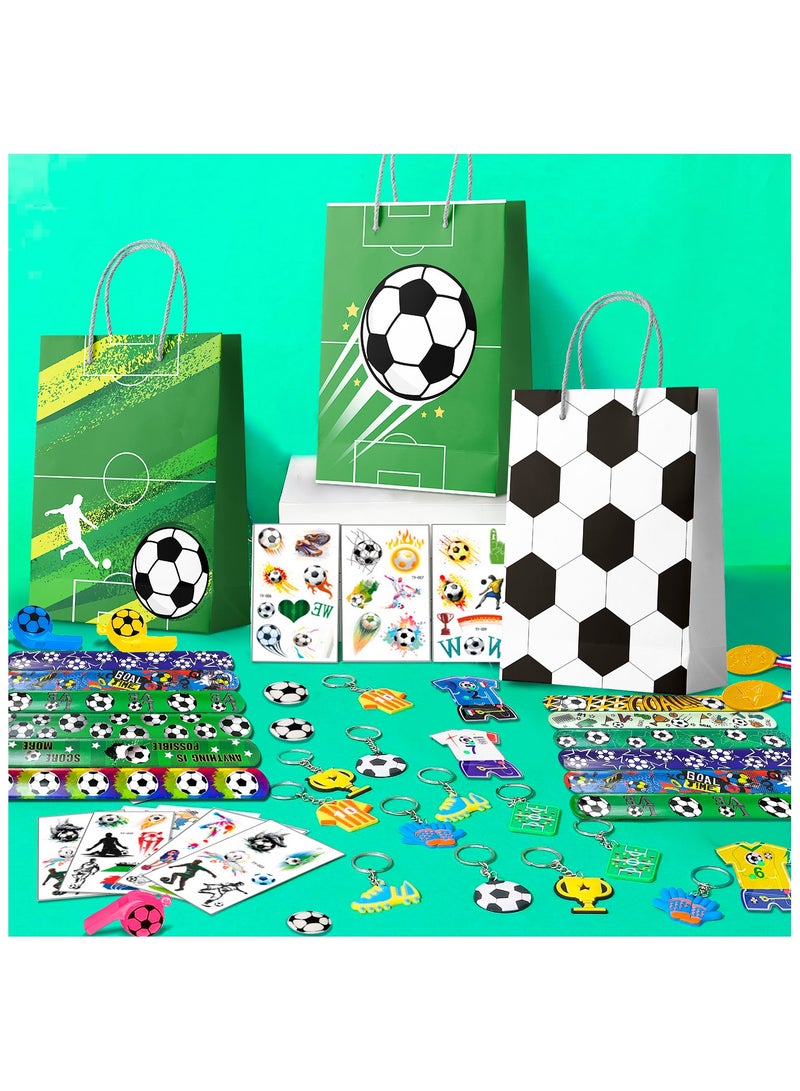 96pcs Soccer Party Favors for 12 Guests, Including Soccer Slap Bracelets Stickers Medals Keychains Bags Whistle Maza Toys etc Soccer Birthday Party Favors for Soccer Party Decorations Supplies