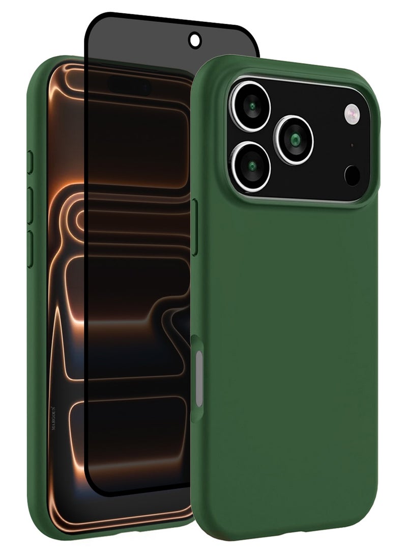 2 Packs Silicone Protective Phone Case for iPhone 17 Pro - Soft Anti-Scratch Microfiber Lining Ultra Slim Drop Protection Phone Cover with Privacy Screen Protector - Green