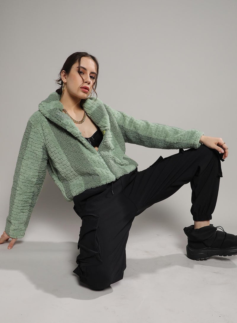 Campus Sutra Women's Olive Green Fleece Candy Striped Jacket  - Image 4
