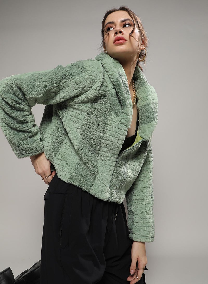 Campus Sutra Women's Olive Green Fleece Candy Striped Jacket  - Image 1
