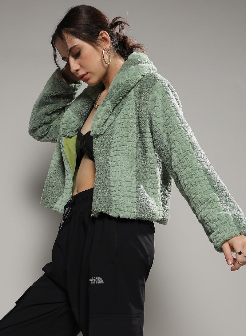 Campus Sutra Women's Olive Green Fleece Candy Striped Jacket  - Image 2