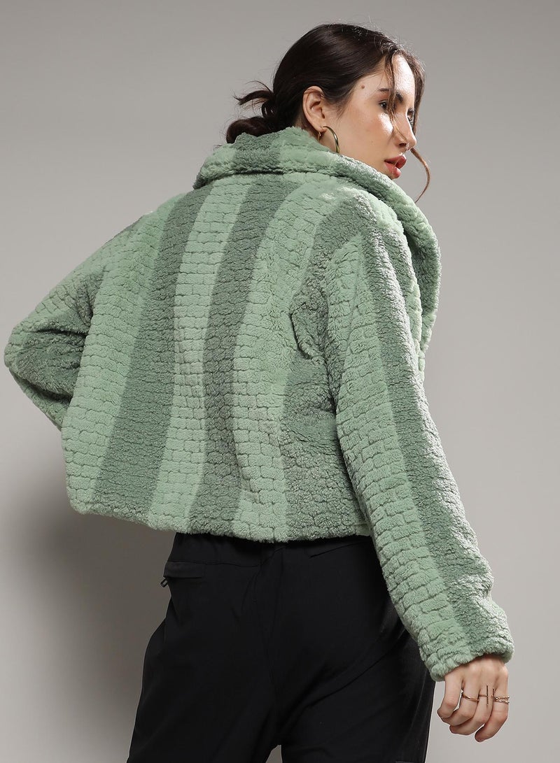 Campus Sutra Women's Olive Green Fleece Candy Striped Jacket  - Image 3