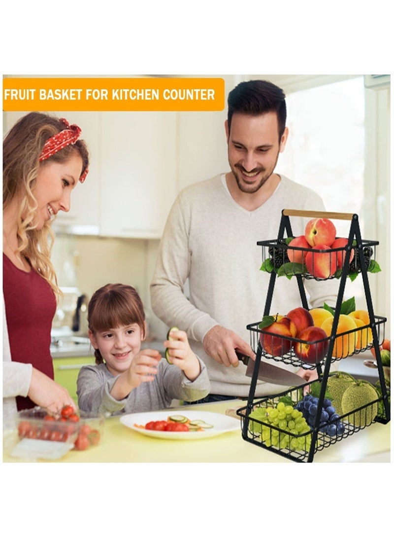MEDOOSI 3 Tier Fruit Basket Metal Wire Kitchen Storage Rack with Wooden Handle Detachable Countertop Produce Holder Large Capacity Breathable Design for Fruits Vegetables Bread Snacks Onion Potato - Image 3