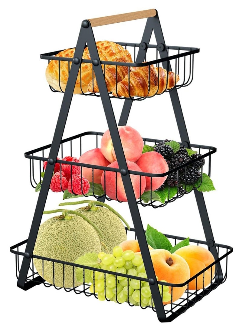 MEDOOSI 3 Tier Fruit Basket Metal Wire Kitchen Storage Rack with Wooden Handle Detachable Countertop Produce Holder Large Capacity Breathable Design for Fruits Vegetables Bread Snacks Onion Potato - Image 1