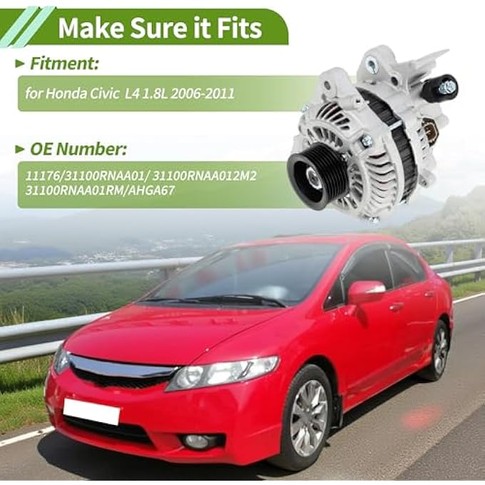 HOPESPANNER Automotive Car Alternator for Honda Civic 2006-2011 L4 1.8L High Output 80A 12V 1 Pc No.31100RNAA01RM - Image 2
