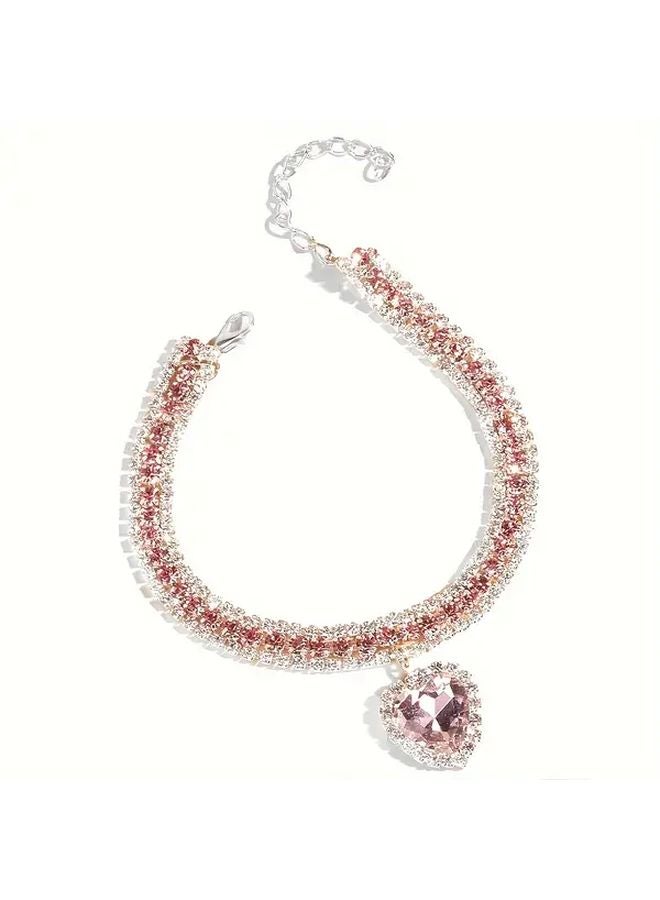 طوق حيوان أليف وردي أحمر على شكل قلب براق مرصع بحجر الراين قابل للتعديل للقطط والكلاب - Image 1