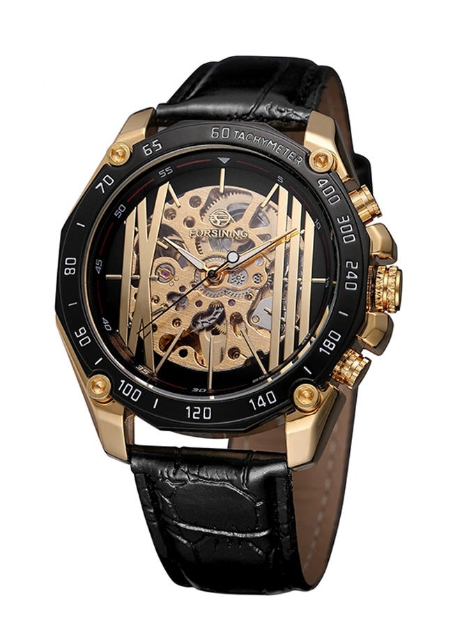 FORSINING ​​Forsining Men's Fashion Skeleton Watch - Black Strap with Gold-Tone Openworked Dial, Automatic Movement, Contemporary Luxury Design, Versatile Business Casual Style for Daily Wear & Formal Occasions​​  - Image 1