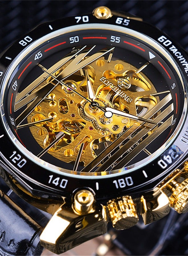 FORSINING ​​Forsining Men's Fashion Skeleton Watch - Black Strap with Gold-Tone Openworked Dial, Automatic Movement, Contemporary Luxury Design, Versatile Business Casual Style for Daily Wear & Formal Occasions​​  - Image 2