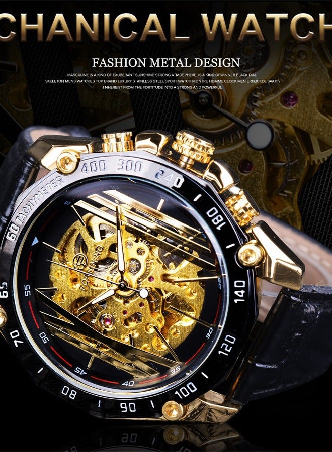 FORSINING ​​Forsining Men's Fashion Skeleton Watch - Black Strap with Gold-Tone Openworked Dial, Automatic Movement, Contemporary Luxury Design, Versatile Business Casual Style for Daily Wear & Formal Occasions​​  - Image 3