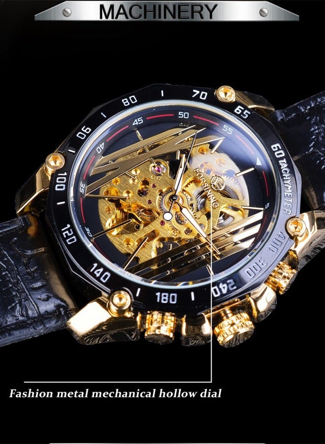 FORSINING ​​Forsining Men's Fashion Skeleton Watch - Black Strap with Gold-Tone Openworked Dial, Automatic Movement, Contemporary Luxury Design, Versatile Business Casual Style for Daily Wear & Formal Occasions​​  - Image 4