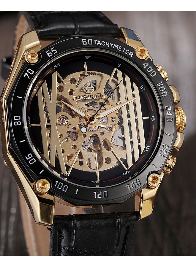 FORSINING ​​Forsining Men's Fashion Skeleton Watch - Black Strap with Gold-Tone Openworked Dial, Automatic Movement, Contemporary Luxury Design, Versatile Business Casual Style for Daily Wear & Formal Occasions​​  - Image 5