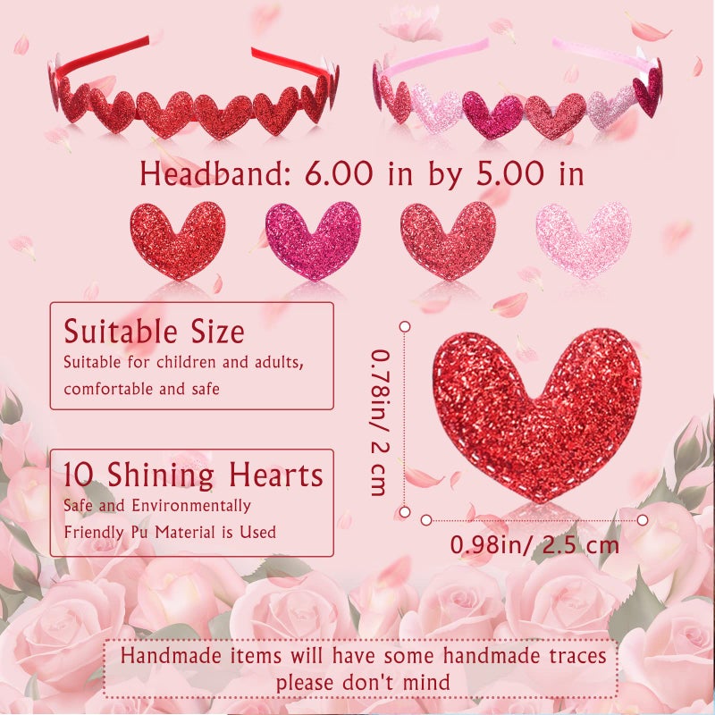 Jutom 4 Pieces Hearts Shaped Headband Pink Red Glitter Sequin Love Sparkly Girls Shiny Headband Hair Accessories for Children Women Birthday Party New Year Wedding - Image 2