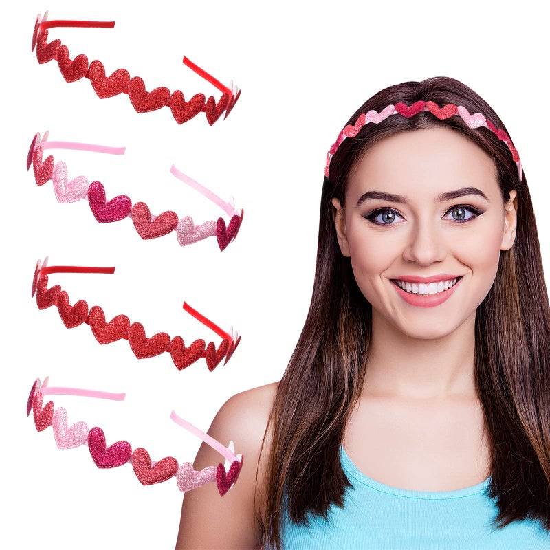 Jutom 4 Pieces Hearts Shaped Headband Pink Red Glitter Sequin Love Sparkly Girls Shiny Headband Hair Accessories for Children Women Birthday Party New Year Wedding - Image 1