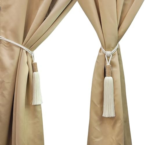 MALOINTEX 2 Pack Curtain Glitter Tassels Tiebacks Tie-Backs, Curtain Handmade Holdbacks, Festive Tassel Tiebacks Polyester Shimmer Curtain Tieback - Cream Off White - Image 2