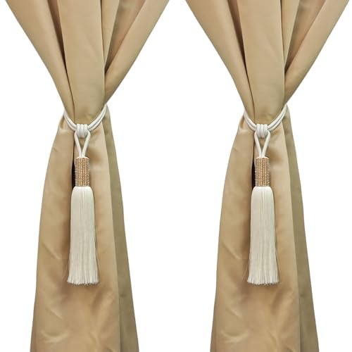 MALOINTEX 2 Pack Curtain Glitter Tassels Tiebacks Tie-Backs, Curtain Handmade Holdbacks, Festive Tassel Tiebacks Polyester Shimmer Curtain Tieback - Cream Off White - Image 1