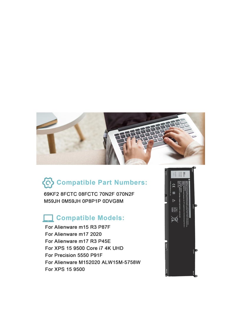 Terabyte بطارية بديلة 69KF2 لجهاز Dell G7 15 7500 G15 5510 5511 5515 5520 5521 XPS 15 9500 9510 9530 Alienware M15 R3 R4 R5 R6 R7 M17 R3 R3 R 4 Precision 5550 5560 5570 Inspiron 7510 7610 7620 86Wh 11.4 - Image 3