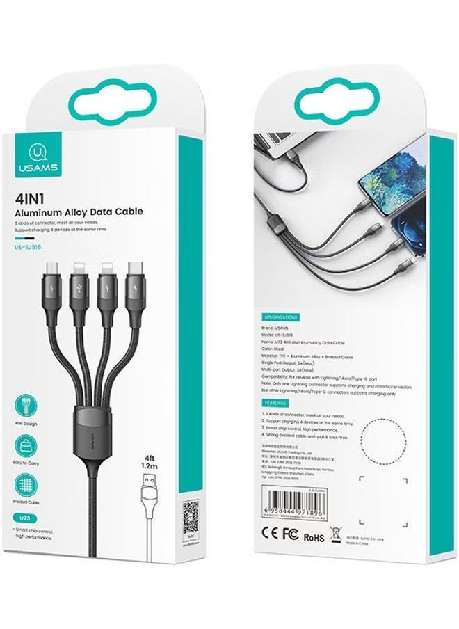 Usams 4-in-1 Aluminum Alloy Data Cable (Blue) – Multi-Connector Fast Charging & Data Sync Cable with Lightning, USB-C, Micro USB & Type-C Connectors – Durable Braided Cable for Smartphones, Tablets & More - Image 2