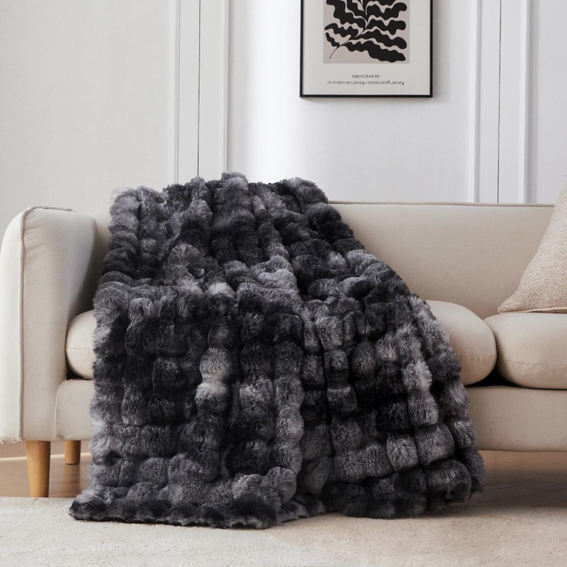 COOVA Faux Rabbit Fur & Flannel Throw Blanket 60x80 Inch - Luxury Fuzzy & Cozy Soft Twin Size Blanket for All Seasons  Breathable and Comfortable for Bed  Couch  and Camping Tie Dye Black - Image 1