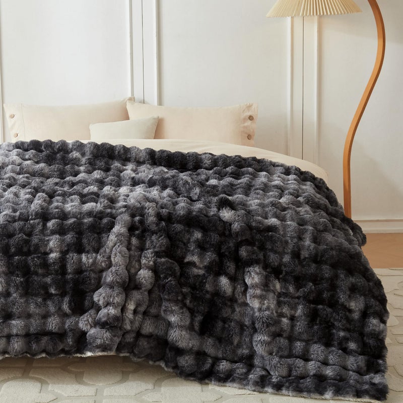 COOVA Faux Rabbit Fur & Flannel Throw Blanket 60x80 Inch - Luxury Fuzzy & Cozy Soft Twin Size Blanket for All Seasons  Breathable and Comfortable for Bed  Couch  and Camping Tie Dye Black - Image 2