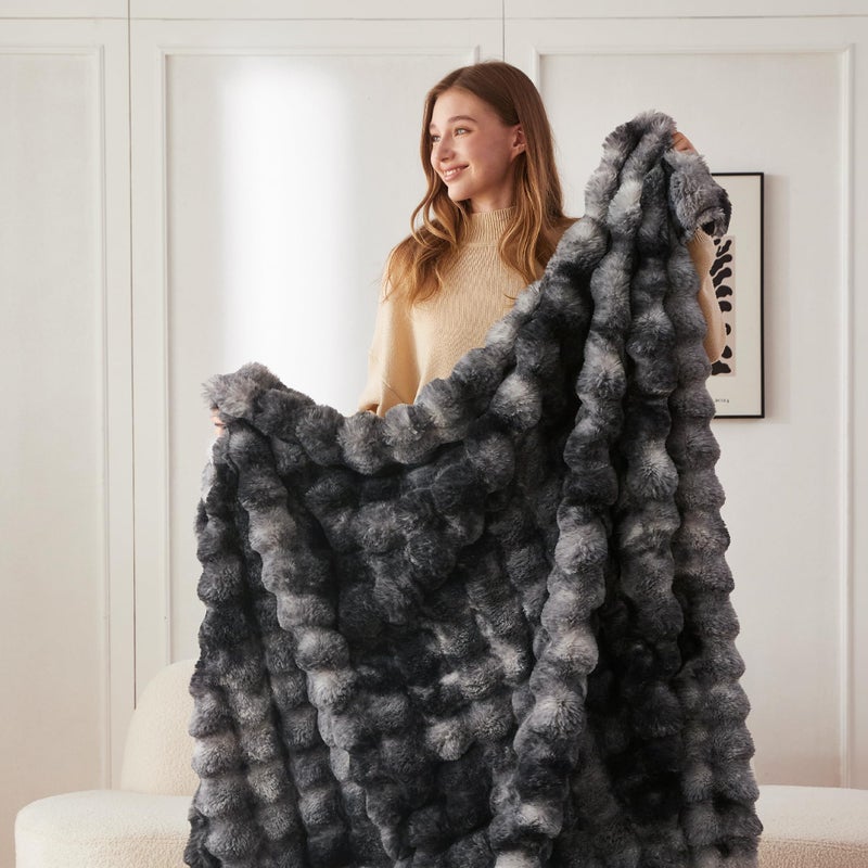 COOVA Faux Rabbit Fur & Flannel Throw Blanket 60x80 Inch - Luxury Fuzzy & Cozy Soft Twin Size Blanket for All Seasons  Breathable and Comfortable for Bed  Couch  and Camping Tie Dye Black - Image 4