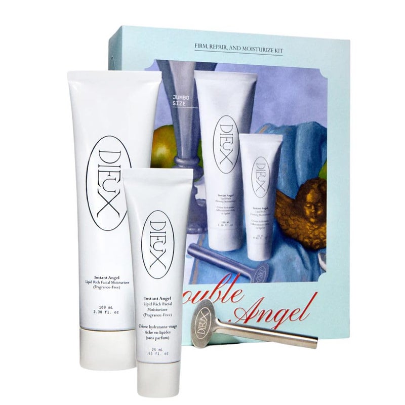 Dieux Double Angel Firm Repair & Moisturize Kit: Instant Angel Moisturizer Jumbo & Travel Set with Peptides, Lipids & Ceramides