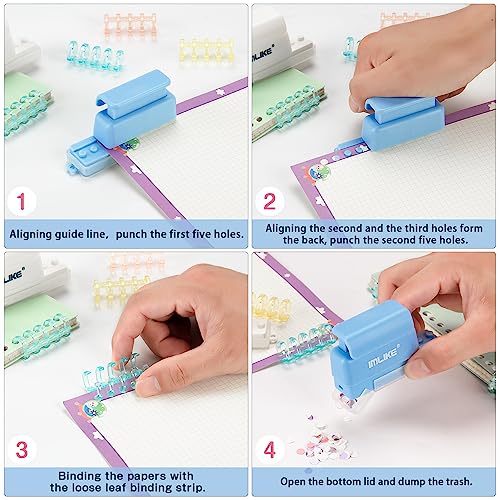 IMLIKE Mini 5-Hole Binding Machine - IMLIKE 5 Holes Binding Machine with 16 Loose-Leaf Binding Strips - Easy to Add or Remove Papers, 4 Sheets Capacity (A4/30 Holes, B5/26 Holes, A5/20 Holes) - Blue - Image 3