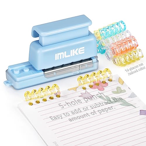 IMLIKE Mini 5-Hole Binding Machine - IMLIKE 5 Holes Binding Machine with 16 Loose-Leaf Binding Strips - Easy to Add or Remove Papers, 4 Sheets Capacity (A4/30 Holes, B5/26 Holes, A5/20 Holes) - Blue - Image 1