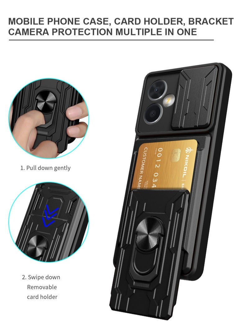 for Samsung Galaxy A06 4G Case, Card Holder & Slide Camera Lens Cover, Magnetic Ring Holder Kickstand Protective Phone Case for Samsung Galaxy A06 4G, Black - Image 3
