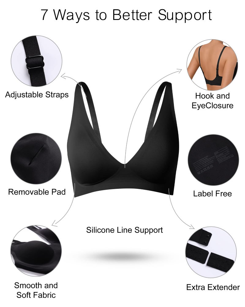 SHARICCA Pro Seamless V Neck Wirefree Bra Adjustable Strap Comfort Sleep Bra Removable Padded Bralette (Black, M) - Image 5