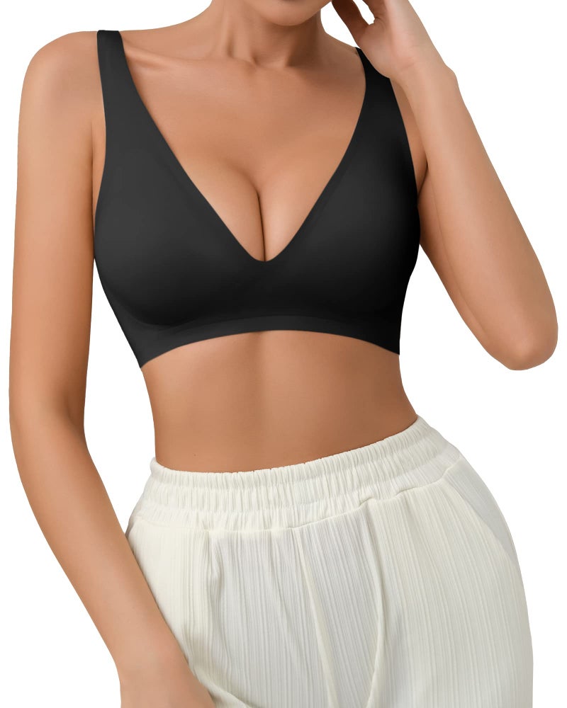 SHARICCA Pro Seamless V Neck Wirefree Bra Adjustable Strap Comfort Sleep Bra Removable Padded Bralette (Black, M) - Image 1