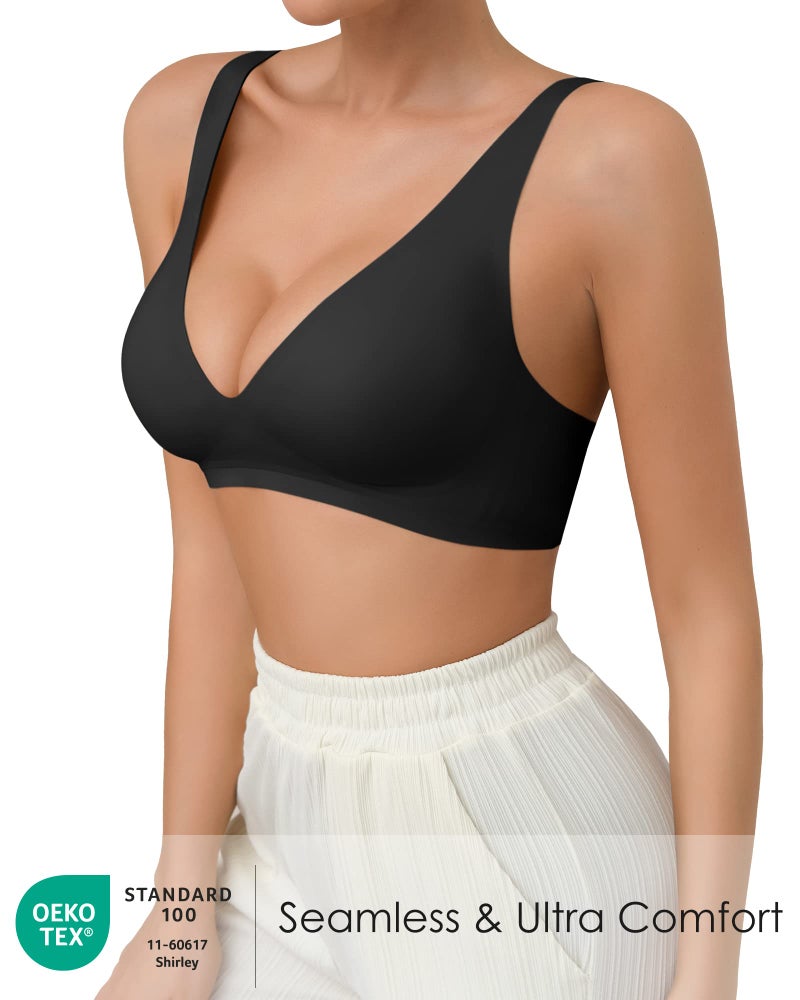 SHARICCA Pro Seamless V Neck Wirefree Bra Adjustable Strap Comfort Sleep Bra Removable Padded Bralette (Black, M) - Image 2